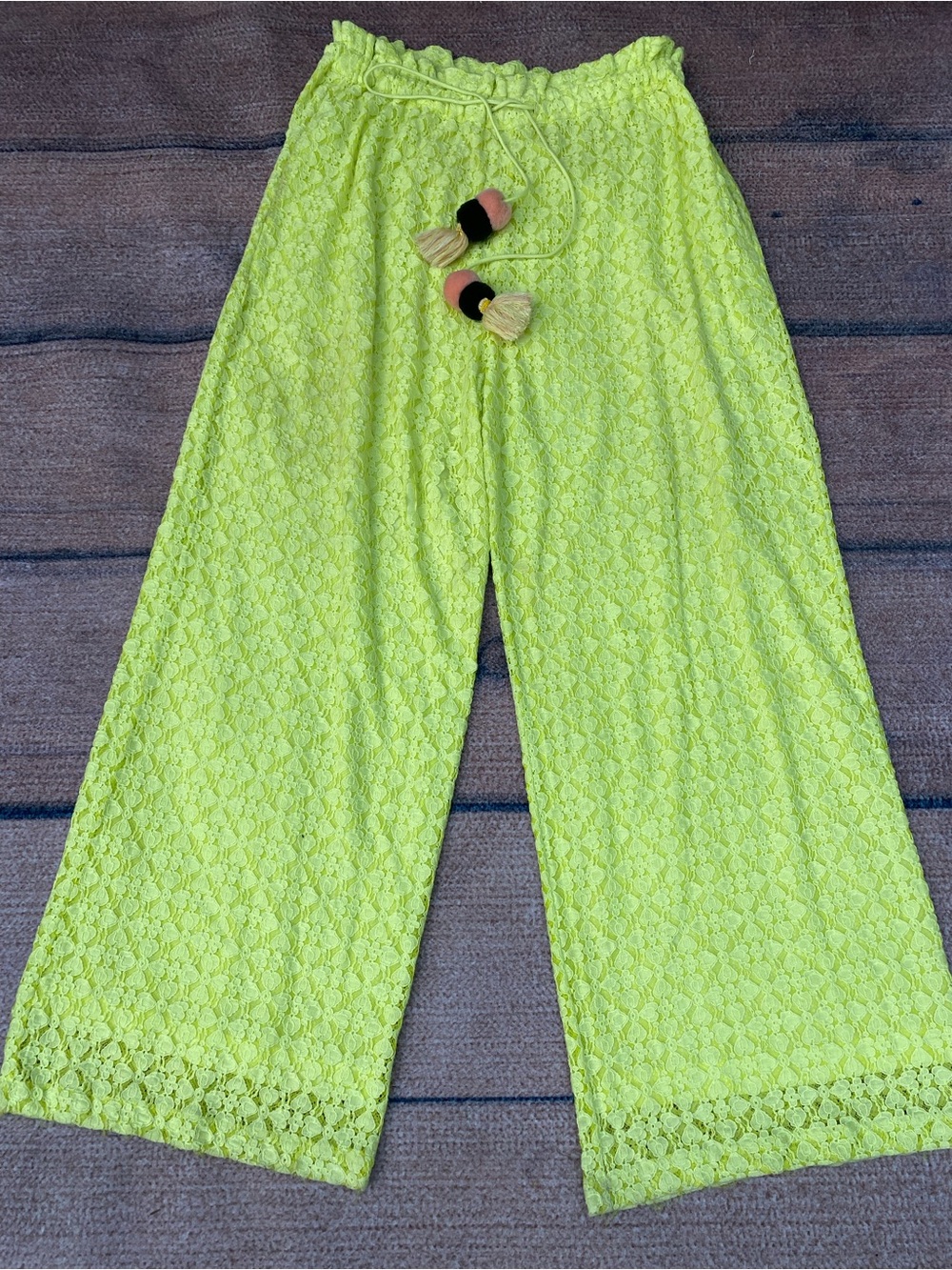 Anthropologie Ollari wide leg neon yellow lace pull on tassle lounge pants M